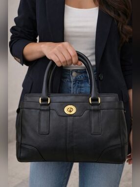 Vintage Coach Black Leather Satchel with Gold Turn-Lock